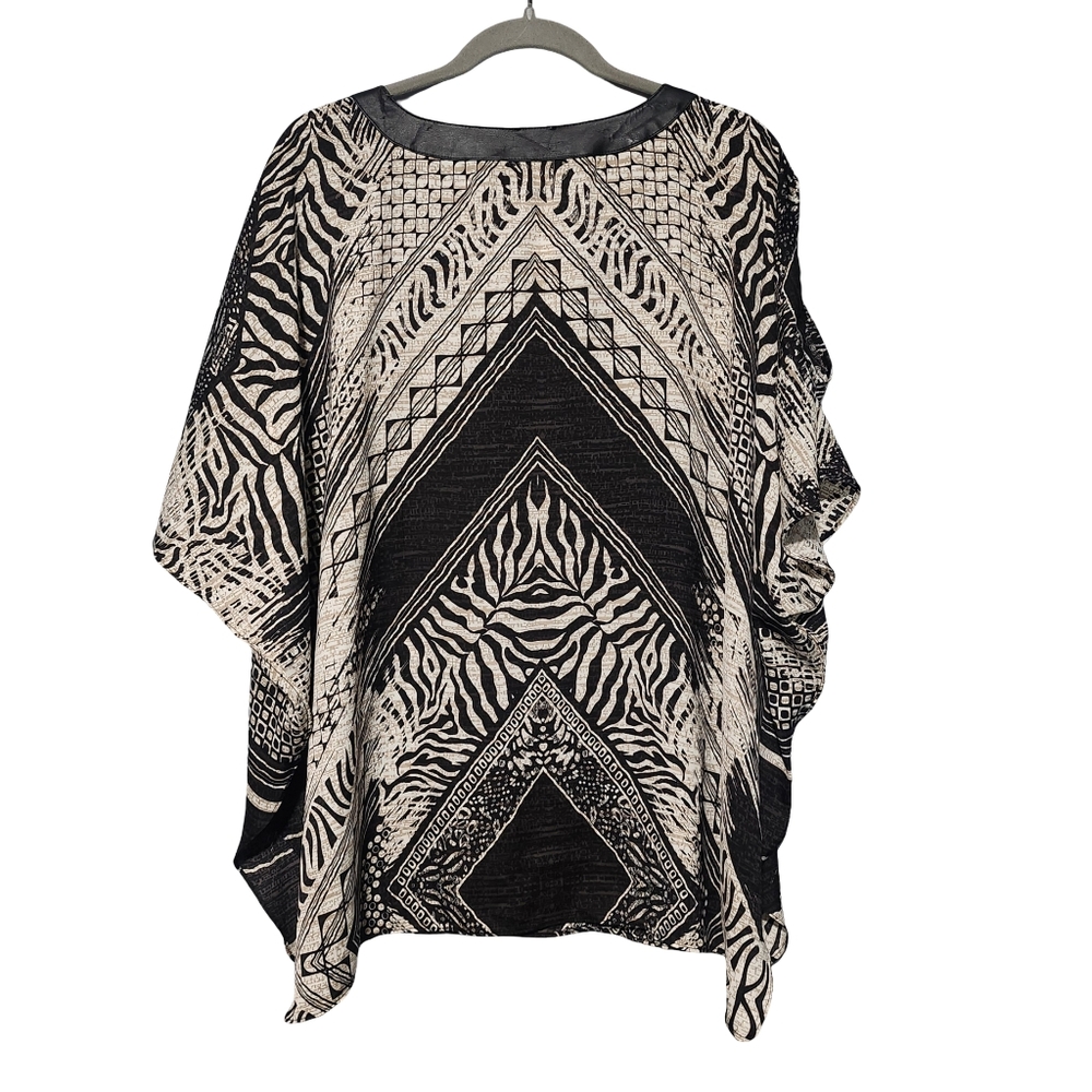 CHICOS Savvy Animal Cold Shoulder Poncho Women S/M Black Ecru Sheer Chic Zebra - Picture 7 of 14